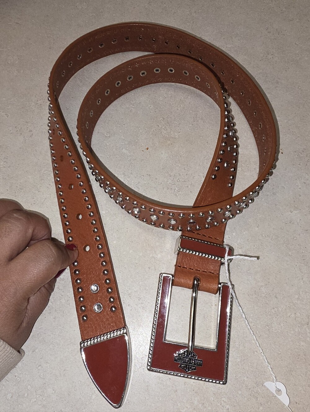 Harley-Davidson Brown Leather Studded Belt with Silver-tone Buckle